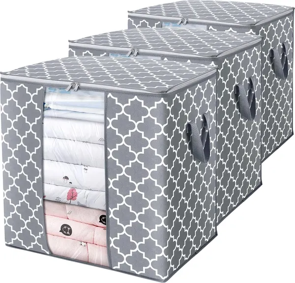 Pack_Of_3_Grey_Premium_Large_Blanket_Clothes_Organization_And_Storage_Containers_For_Comforters,Bedding,_Foldable_Organizer_With_Reinforced_Handle,_Clear_Window,_Sturdy_Zippers