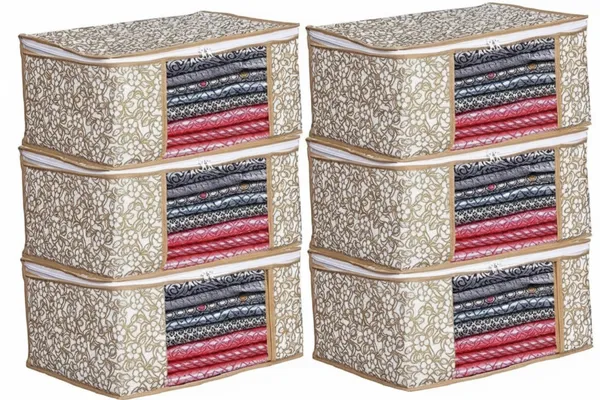Pack_Of_6_Beige_Non_Woven_Fabric_Saree_Cover/_Clothes_Organiser_For_Wardrobe