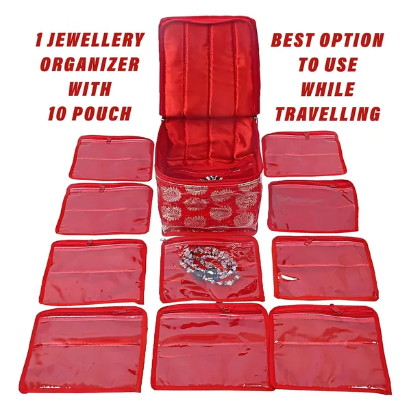 Red_Premium_Jewellery_Kit_With_10_Pouch_Solid_Print_With_Waterproof_Outer_Material_10_Pouches_&_Zipper_Closure_Size_19_X_18_X_13_Cm