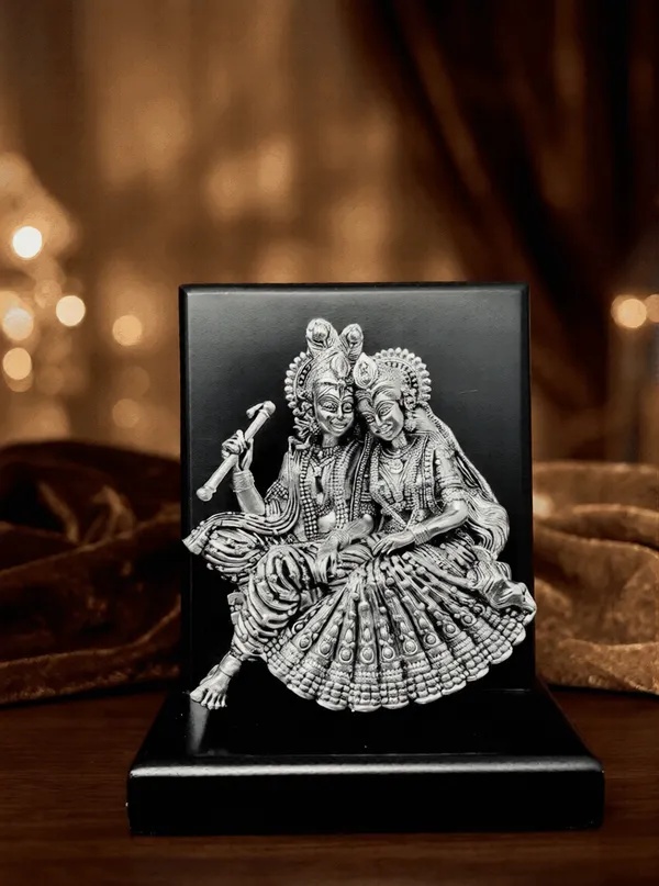 Silver_Pure_Radha_Krishna_Seated_With_Wooden_Base_Statue