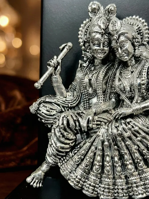 Silver_Pure_Radha_Krishna_Seated_With_Wooden_Base_Statue