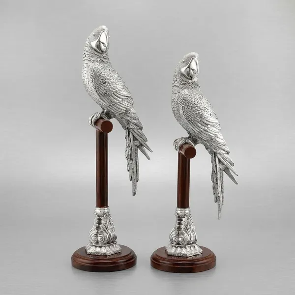 Silver_Pure_Handcrafted_Parrot_Set_On_Polished_Wooden_Stand_Figurine_Set