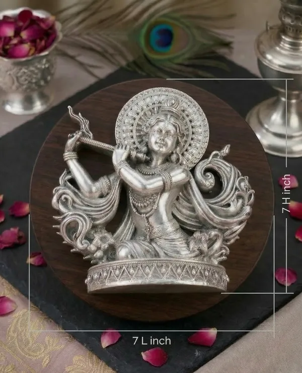 Handcrafted_Murli_Krishna_Silver-Coated_Plaque_on_Circular_Wood_Base