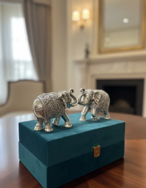 Pure_Silver_Handcrafted_Intricate_Floral_Embossed_Decorative_Figurines_Elephant_Pair_Set