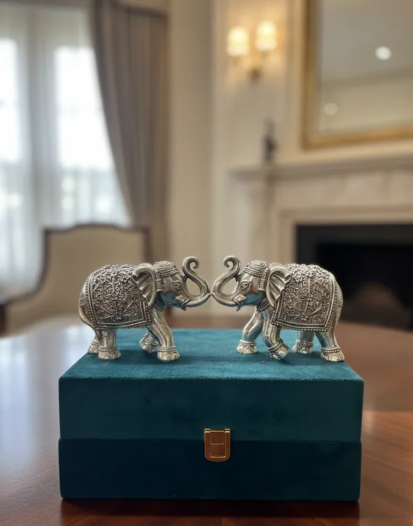 Pure_Silver_Handcrafted_Intricate_Floral_Embossed_Decorative_Figurines_Elephant_Pair_Set