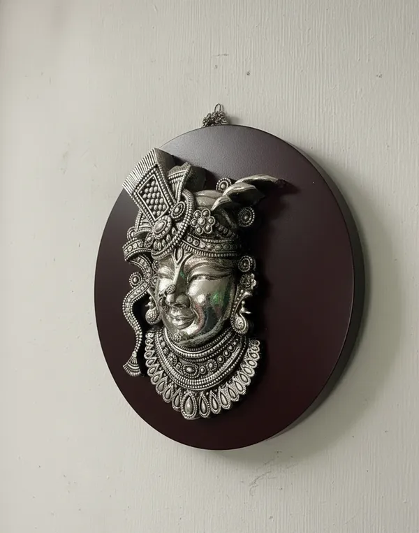 Pure_Silver_Shrinathji_Face_Handcrafted_Lord_Relief_On_Circular_Wood_Stand_Wall_Hanging
