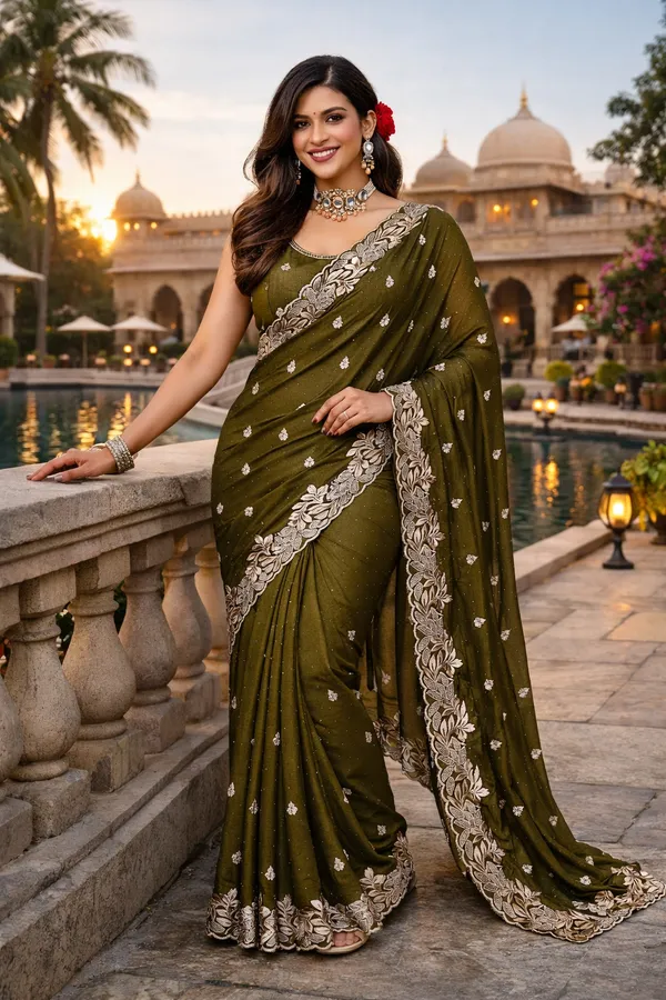 Mehendi_Embroidered_Saree_With_Blouse_Piece_For_Women