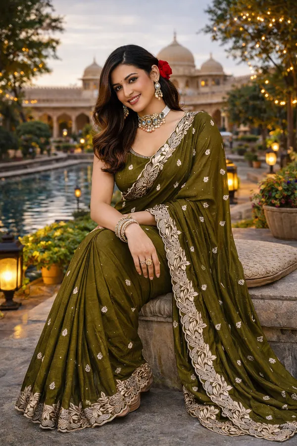 Mehendi_Embroidered_Saree_With_Blouse_Piece_For_Women