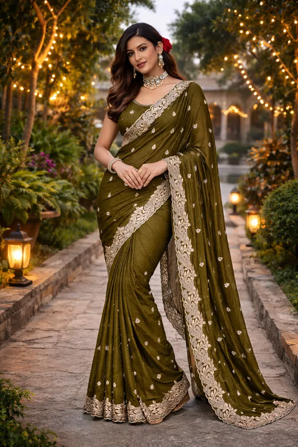 Mehendi_Embroidered_Saree_With_Blouse_Piece_For_Women