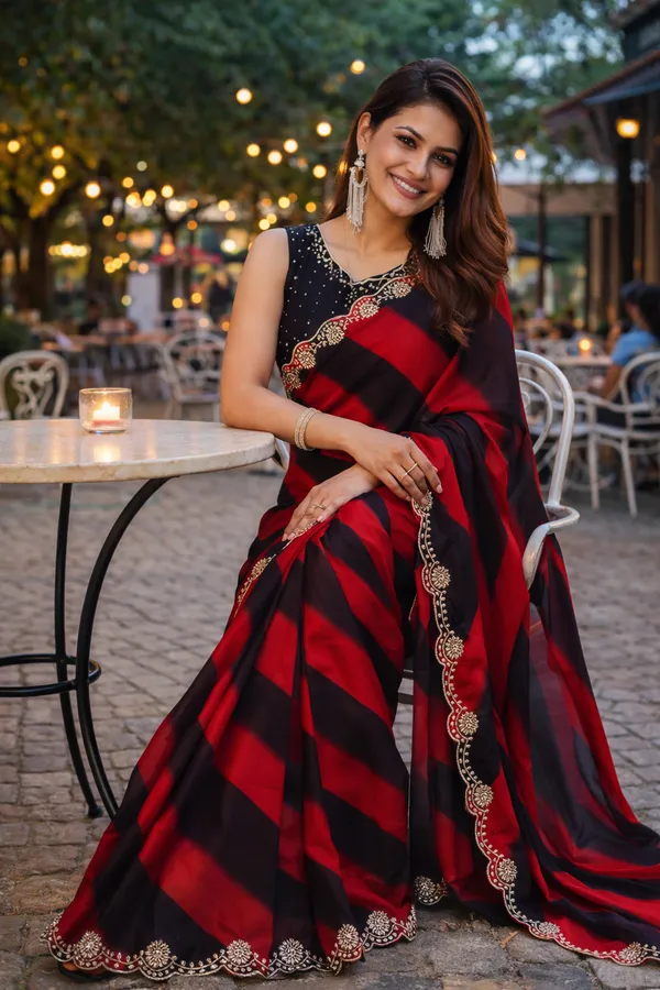 Red_And_Black_Satin_Chiffon_Saree_With_Stone_Work_For_Women