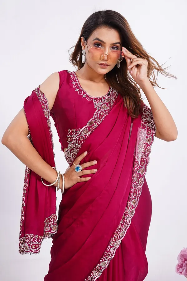 Pink_Satin_Chiffon_Saree_With_Blouse_Piece_For_Women
