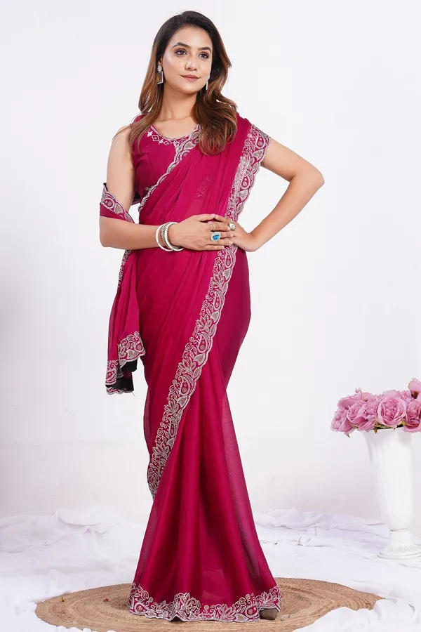 Pink_Satin_Chiffon_Saree_With_Blouse_Piece_For_Women