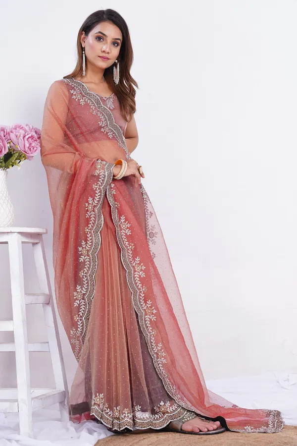 Peach_Zarkan_Stone_Work_Saree_For_Women
