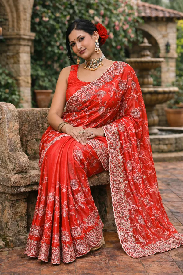 Red_Silk_Blend_Embroidered_Saree_With_Blouse_Piece_For_Women