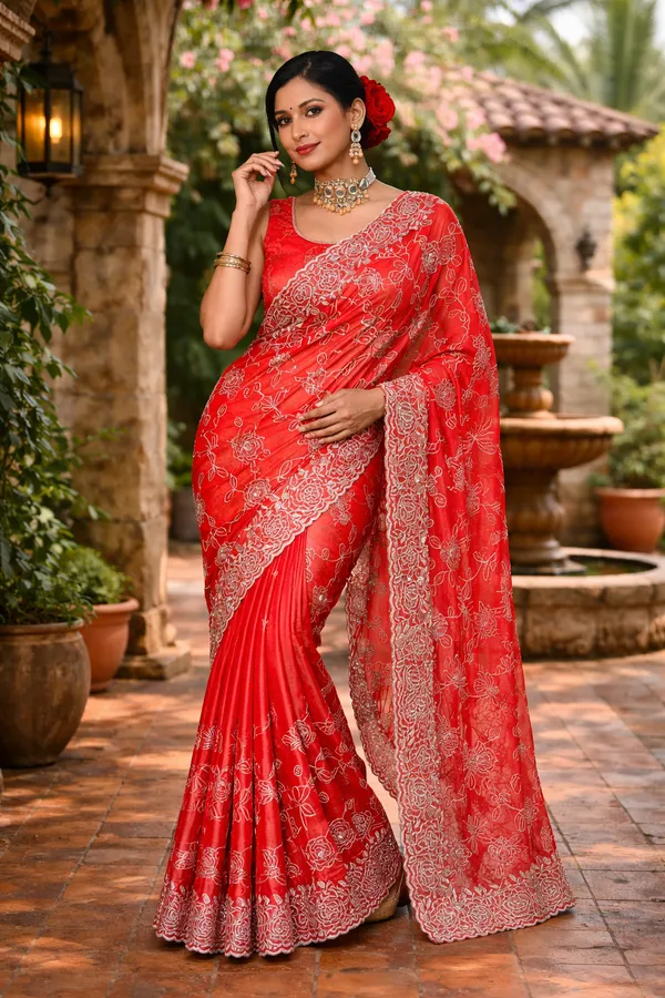 Red_Silk_Blend_Embroidered_Saree_With_Blouse_Piece_For_Women