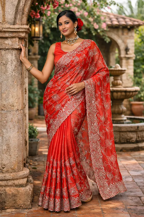 Red_Silk_Blend_Embroidered_Saree_With_Blouse_Piece_For_Women