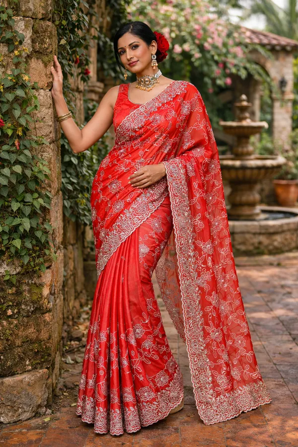 Red_Silk_Blend_Embroidered_Saree_With_Blouse_Piece_For_Women