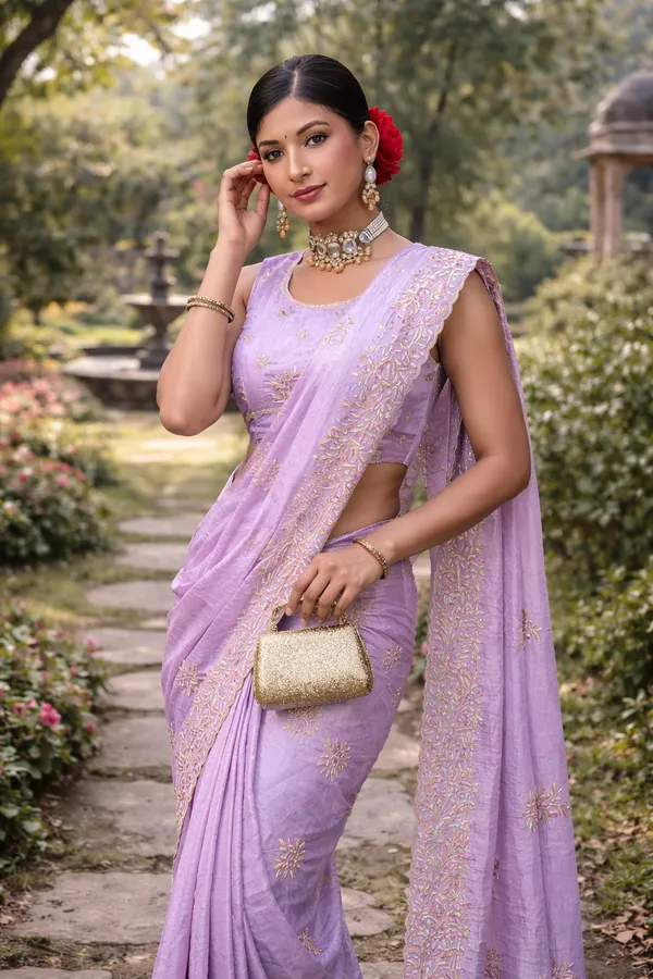 Light_Purple_Thread_Zari_Embroidery_Crush_Saree_With_Blouse_Piece_For_Women
