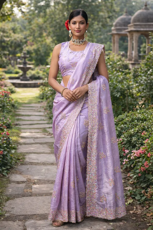 Light_Purple_Thread_Zari_Embroidery_Crush_Saree_With_Blouse_Piece_For_Women