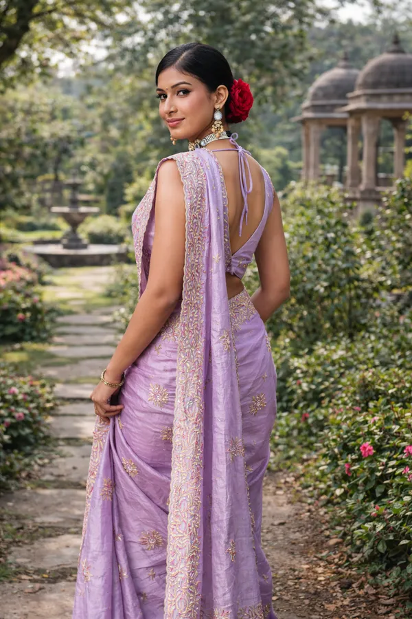Light_Purple_Thread_Zari_Embroidery_Crush_Saree_With_Blouse_Piece_For_Women