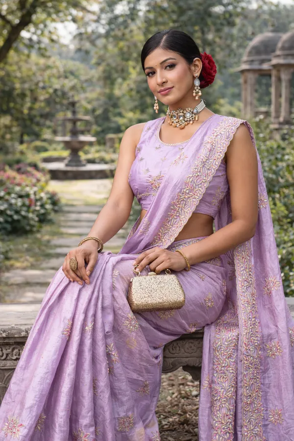 Light_Purple_Thread_Zari_Embroidery_Crush_Saree_With_Blouse_Piece_For_Women