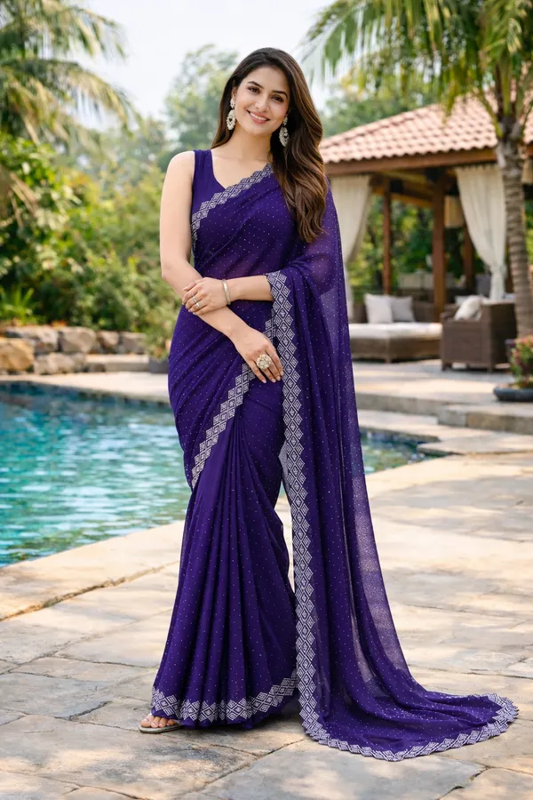 Blue_Chiffon_Saree_With_Blouse_Piece_For_Women