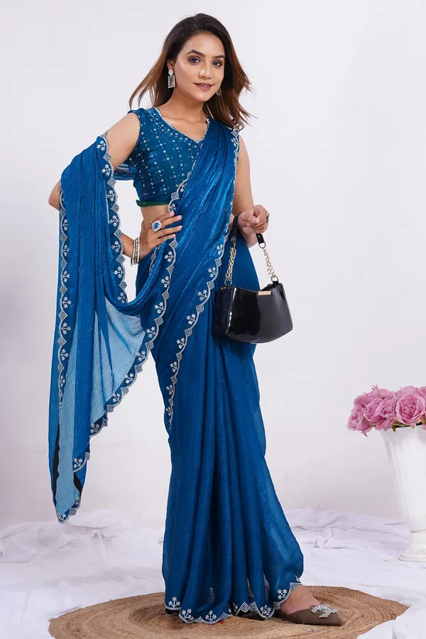 Blue_Silk_Saree_With_Stone_Work_Lace_Border_And_Unstitched_Blouse_For_Women