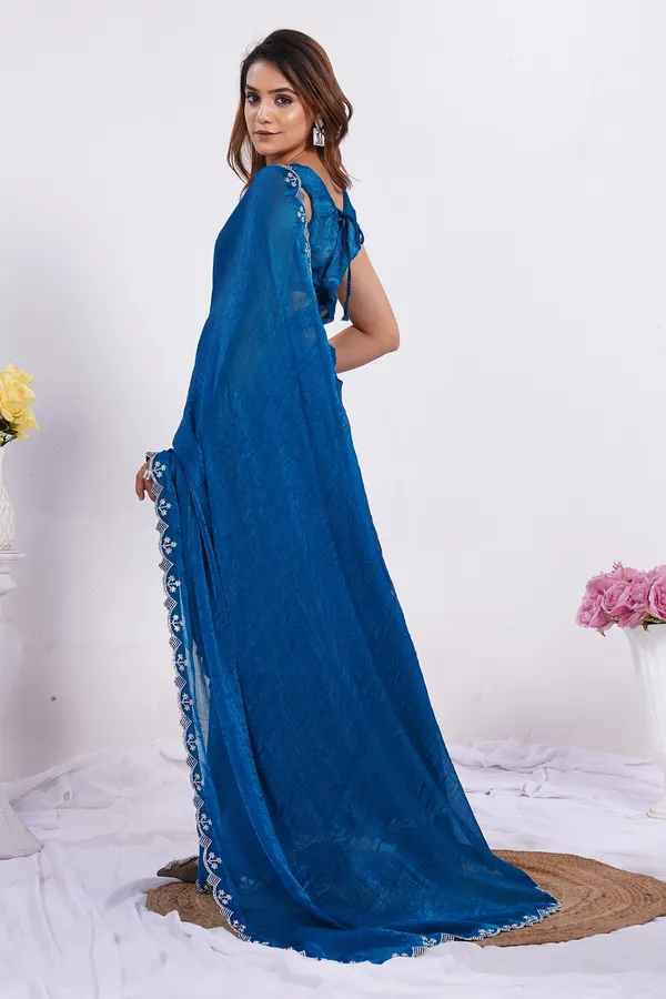 Blue_Silk_Saree_With_Stone_Work_Lace_Border_And_Unstitched_Blouse_For_Women