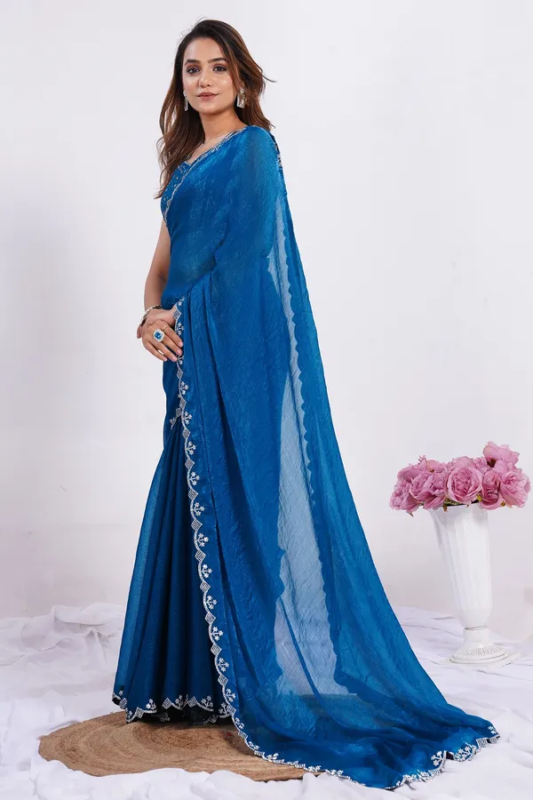 Blue_Silk_Saree_With_Stone_Work_Lace_Border_And_Unstitched_Blouse_For_Women