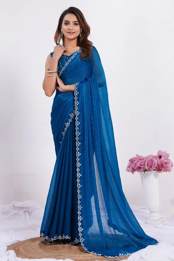 Blue_Silk_Saree_With_Stone_Work_Lace_Border_And_Unstitched_Blouse_For_Women