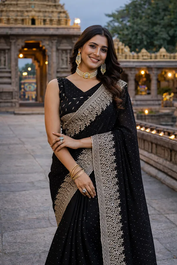 Black_Silk_Saree_With_Embroidered_Border_And_Blouse_Piece_For_Women