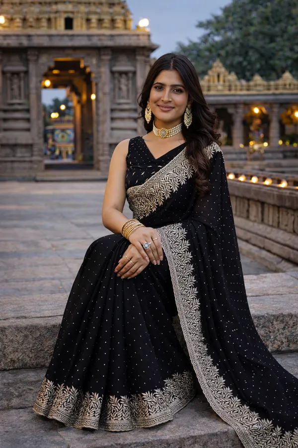 Black_Silk_Saree_With_Embroidered_Border_And_Blouse_Piece_For_Women