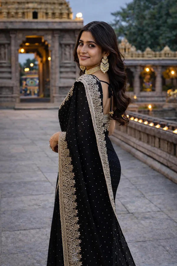 Black_Silk_Saree_With_Embroidered_Border_And_Blouse_Piece_For_Women
