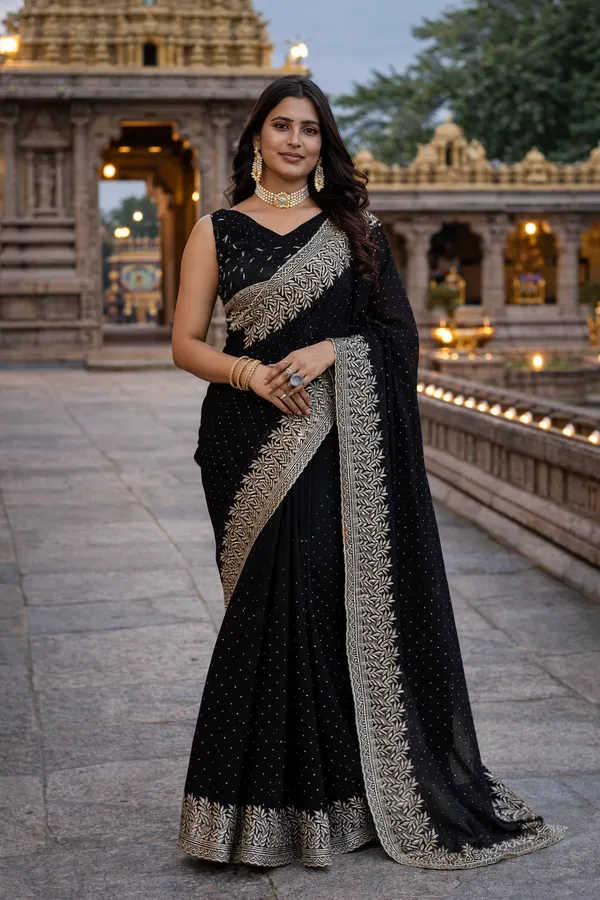 Black_Silk_Saree_With_Embroidered_Border_And_Blouse_Piece_For_Women
