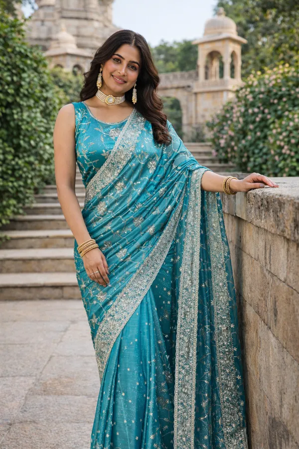 Sky_Blue_Embroidered_Saree_With_Blouse_Piece_For_Women