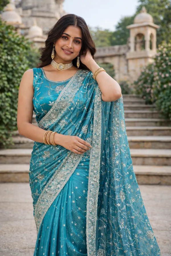 Sky_Blue_Embroidered_Saree_With_Blouse_Piece_For_Women