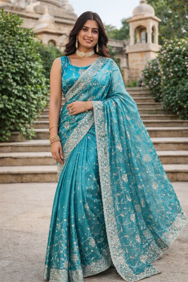 Sky_Blue_Embroidered_Saree_With_Blouse_Piece_For_Women