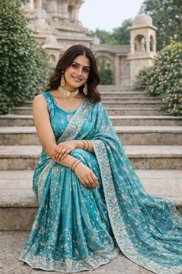 Sky_Blue_Embroidered_Saree_With_Blouse_Piece_For_Women
