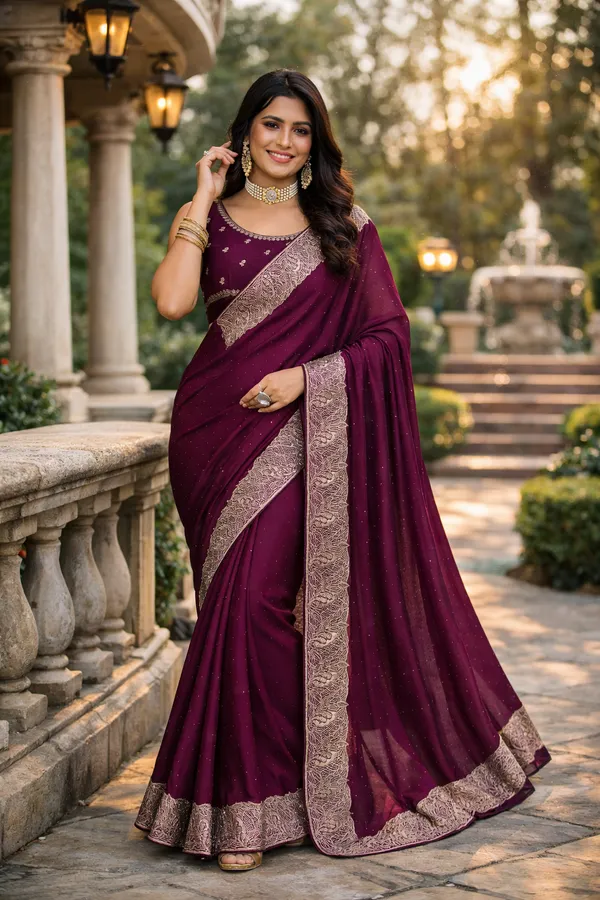 Dark_Purple_Vichitra_Silk_Stone_Work_Saree_With_Blouse_Fabric_For_Women