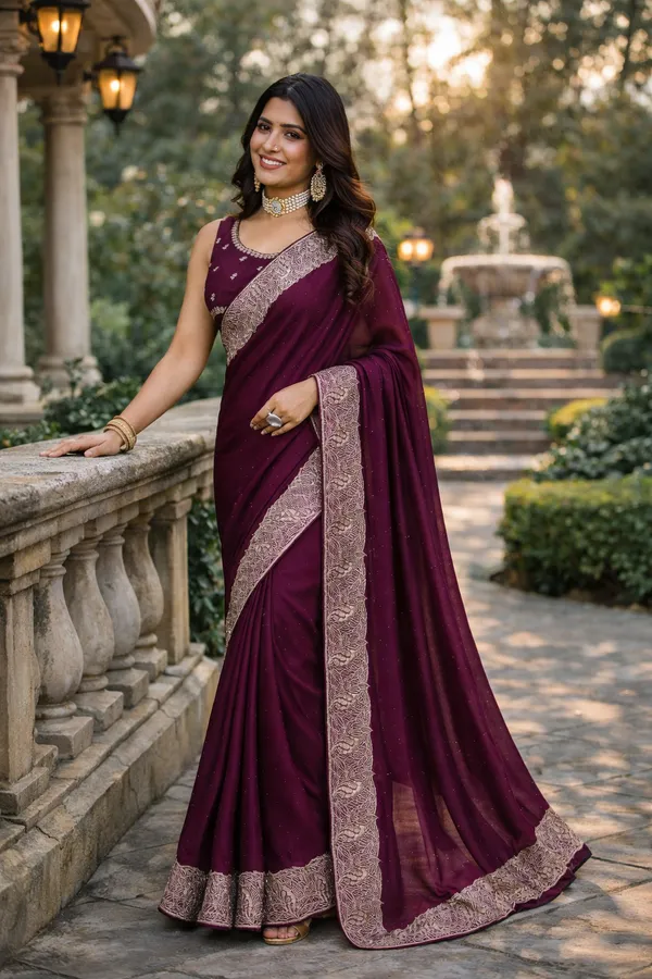 Dark_Purple_Vichitra_Silk_Stone_Work_Saree_With_Blouse_Fabric_For_Women