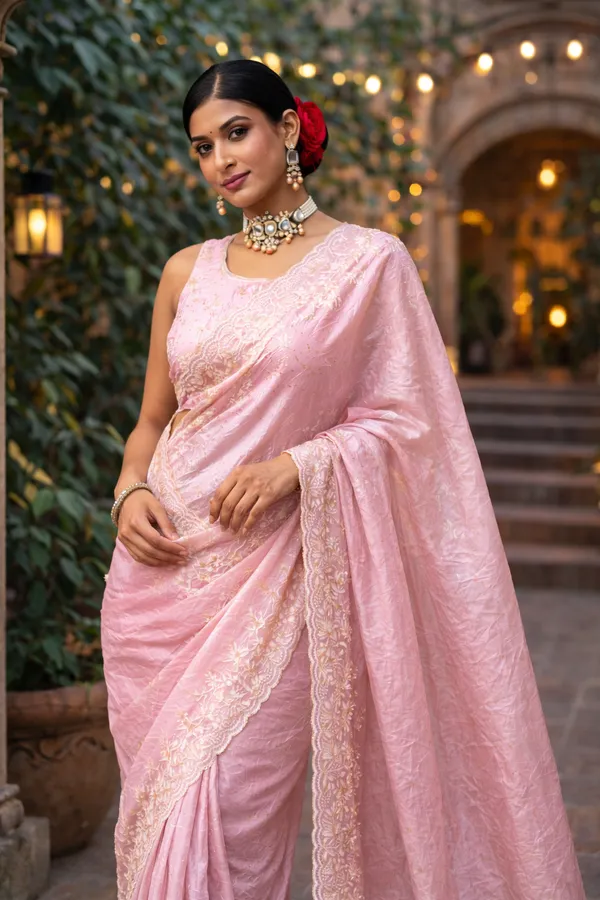 Light_Pink_Embroidered_Satin_Saree_With_Blouse_Piece_For_Women