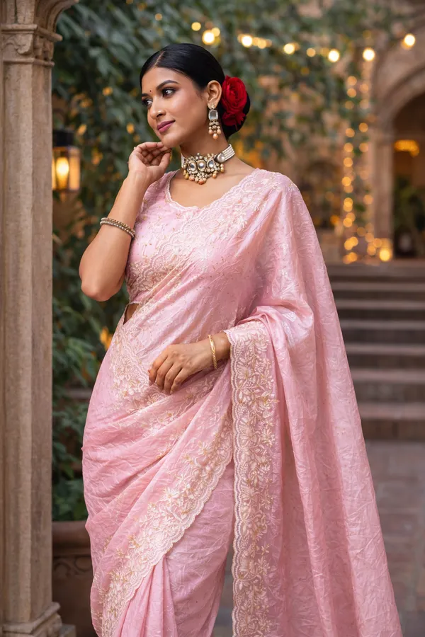 Light_Pink_Embroidered_Satin_Saree_With_Blouse_Piece_For_Women