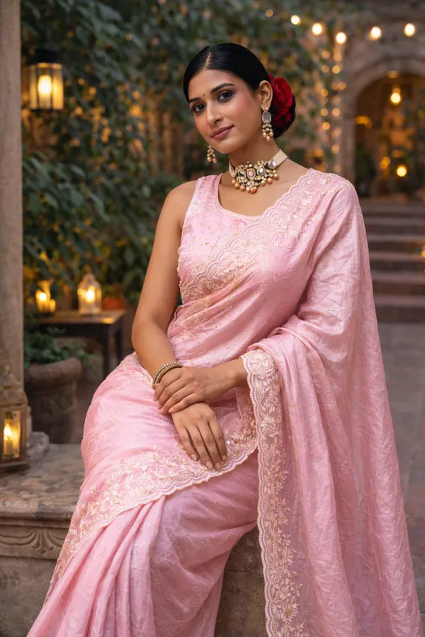 Light_Pink_Embroidered_Satin_Saree_With_Blouse_Piece_For_Women