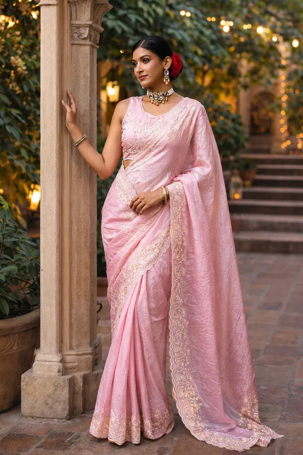 Light_Pink_Embroidered_Satin_Saree_With_Blouse_Piece_For_Women