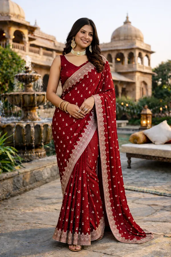Maroon_Embroidered_Saree_With_Blouse_Piece_For_Women