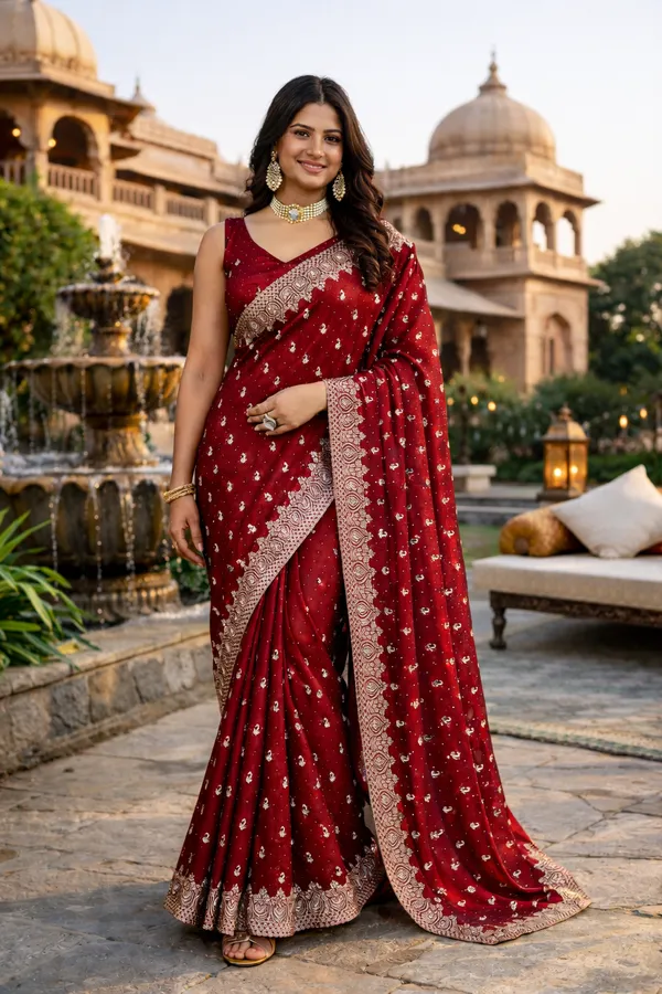 Maroon_Embroidered_Saree_With_Blouse_Piece_For_Women