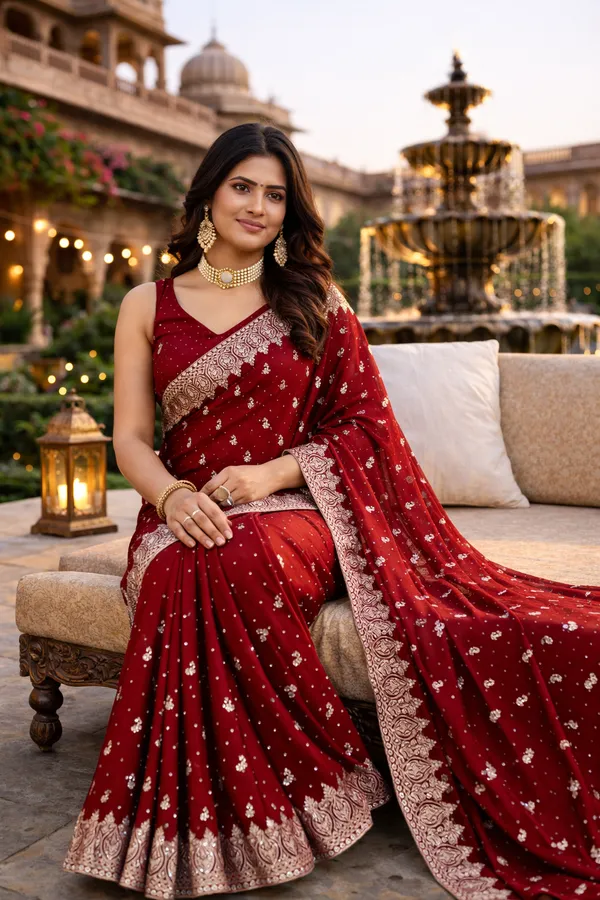 Maroon_Embroidered_Saree_With_Blouse_Piece_For_Women