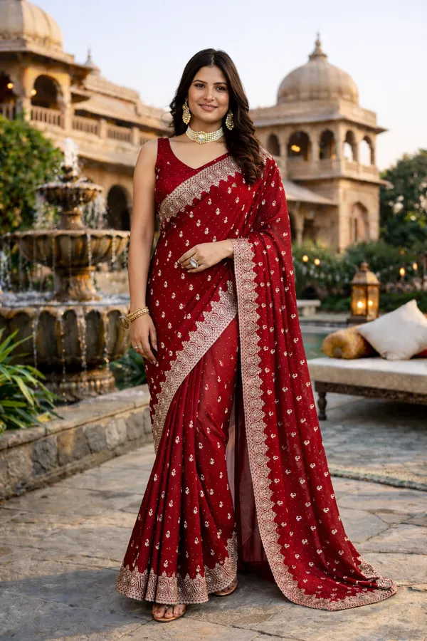 Maroon_Embroidered_Saree_With_Blouse_Piece_For_Women