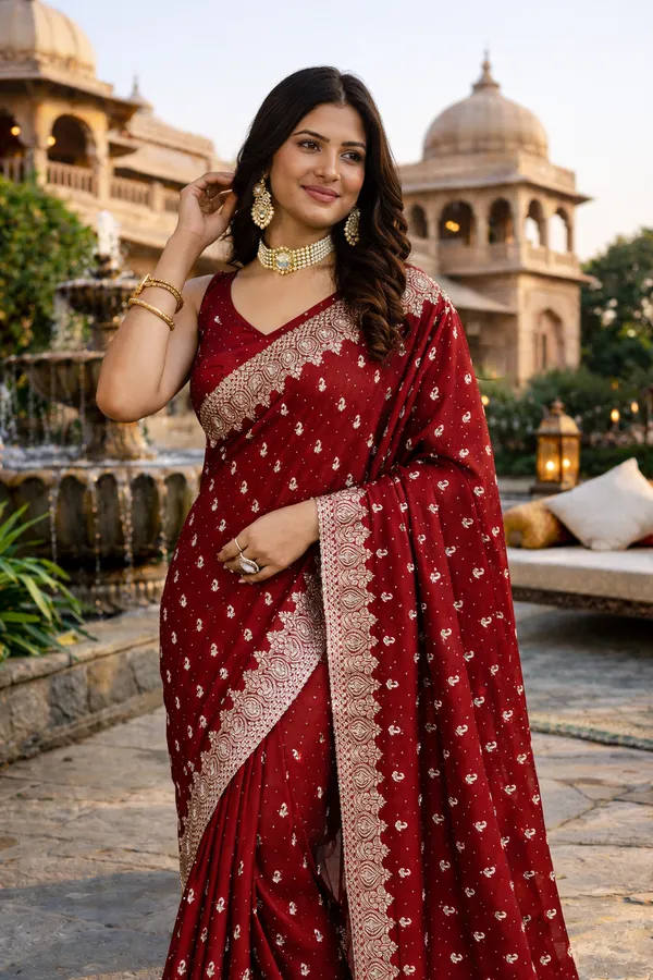 Maroon_Embroidered_Saree_With_Blouse_Piece_For_Women