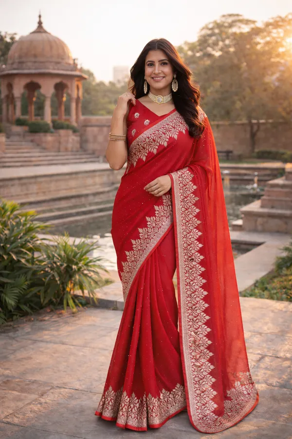 Red_Satin_Embroidered_Saree_With_Blouse_Fabric_For_Women